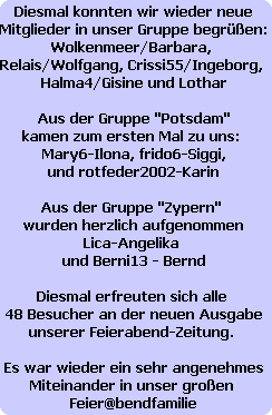 Diesmal konnten wir wieder neue
Mitglieder in unser Gruppe begren:
Wolkenmeer/Barbara, 
Relais/Wolfgang, Crissi55/Ingeborg, 
Halma4/Gisine und Lothar

Aus der Gruppe 